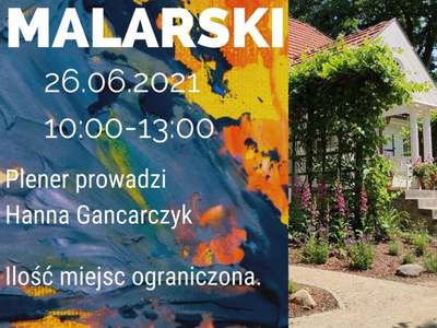 Plakat: obraz dworku Chełmońskiego i kolorowe plamy,