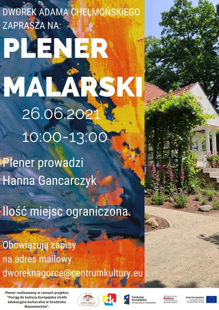 Plakat: obraz dworku Chełmońskiego i kolorowe plamy,