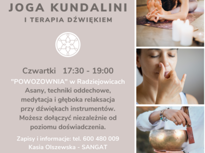 Joga Kundalini i terapia dźwiękiem

Czwartki 17.30-19.00

Asany, techniki oddechowe, medytacja i głęboka relaksacja przy dźwiękach instrumentów.

Możesz dołączyć niezależnie od poziomu doświadczenia.

Zapisy i informacje: tel. 600 480 009

Jogę prowadzi Katarzyna Olszewska - SANGAT