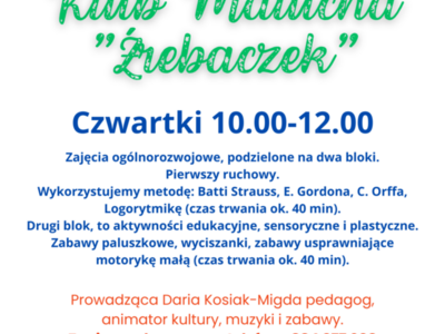 Klub Malucha "Źrebaczek"

Czwartki 10.00-12.00

Zajęcia ogólnorozwojowe dla dzieci 1+ podzielone na dwa bloki.

Pierwszy ruchowy.

Wykorzystujemy metodę: Batti Strauss, E. Gordona, C. Orffa, Logorytmikę (czas trwania ok. 40 min).

Drugi blok, to aktywności edukacyjne, sensoryczne i plastyczne. Zabawy paluszkowe, wyciszanki, zabawy usprawniające motorykę małą (czas trwania ok. 40 min).

Prowadząca Daria Kosiak-Migda pedagog, animator kultury, muzyki i zabawy.

Zapisy pod numerem tele