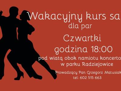 Plakat przedstawia tańczącą parę i informację o rozpoczynającym się kursie salsy.