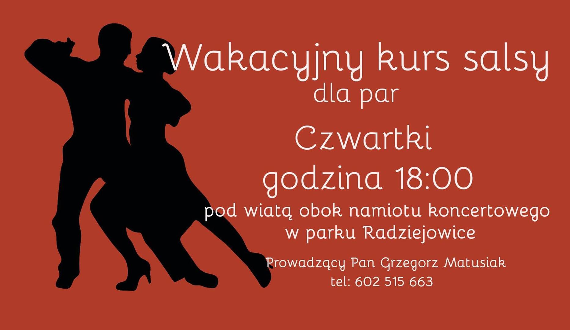 Plakat przedstawia tańczącą parę i informację o rozpoczynającym się kursie salsy.