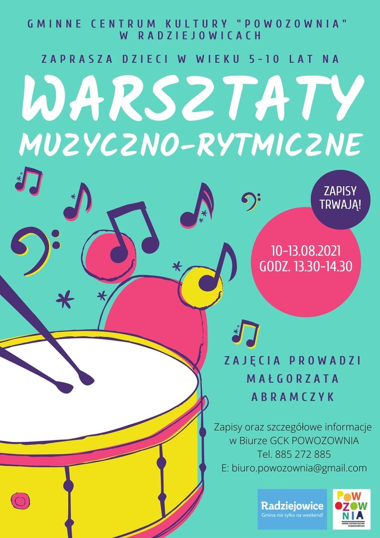 Plakat przedstawia ofertę zajęć rytmiczno-muzycznych. Informacje dotyczą zajęć pobudzających kreatywność dla młodzieży.  
