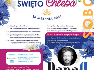 Plakat ze zdjęciem mężczyzny, kwiatami i tekstem Święto Chleba 28 sierpnia 2021