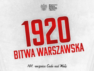 Plakat z czerwonym napisem na szarym tle 1920 Bitwa Warszawska, Cud nad Wisłą.