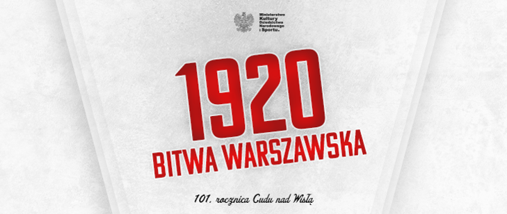 Plakat z czerwonym napisem na szarym tle 1920 Bitwa Warszawska, Cud nad Wisłą.
