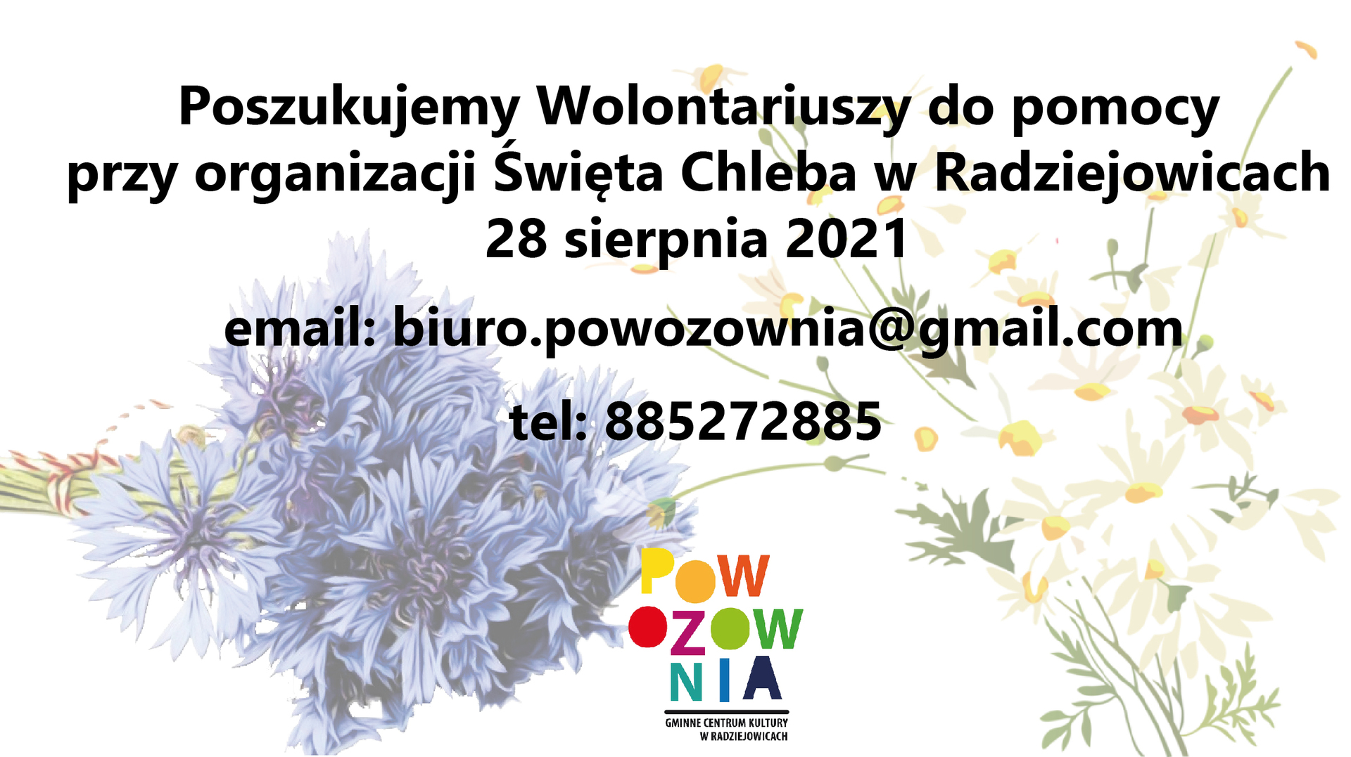 Plakat z chabrami i rumiankami, na środku logo Powozowni.