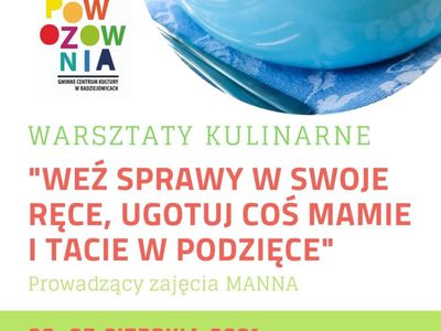 Plakat z obrazkiem talerza z produktami spożywczymi z tekstem "weź sprawy w swoje ręce, ugotuj coś mamie i tacie w podzięce"