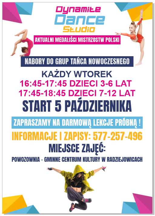 Plakat: Nabór do grup tańca nowoczesnego. Każdy wtorek 16:45-17:45 wiek 3-6lat, 17:45-18:45 wiek 7-12 lat.