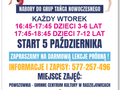 plakat z tańczącą młodą osobą i informacją start 5 października w godz.16.45-17.45 dzieci 3-6 lat, godz. 17.45-18.45 dzieci 7-12 lat