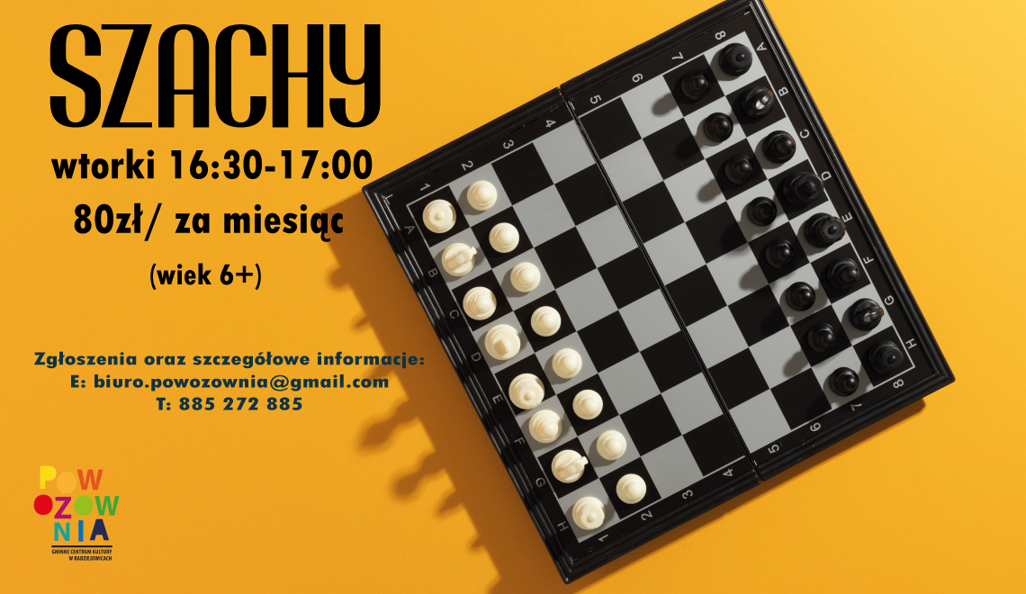 Plakat z planszą szachów. Informacja o spotkaniach we wtorki w godz. 16.30-17.00.