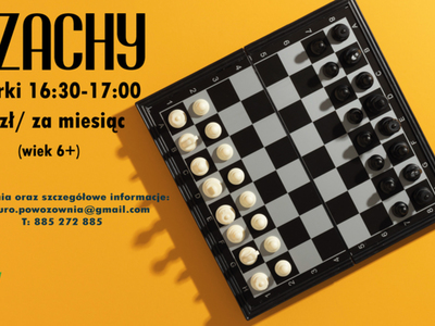 Plakat z planszą szachów. Informacja o spotkaniach we wtorki w godz. 16.30-17.00.