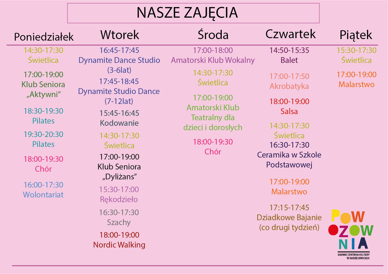 Zdjęcie zawiera opis zajęć organizowanych przez GCK Powozownia.
