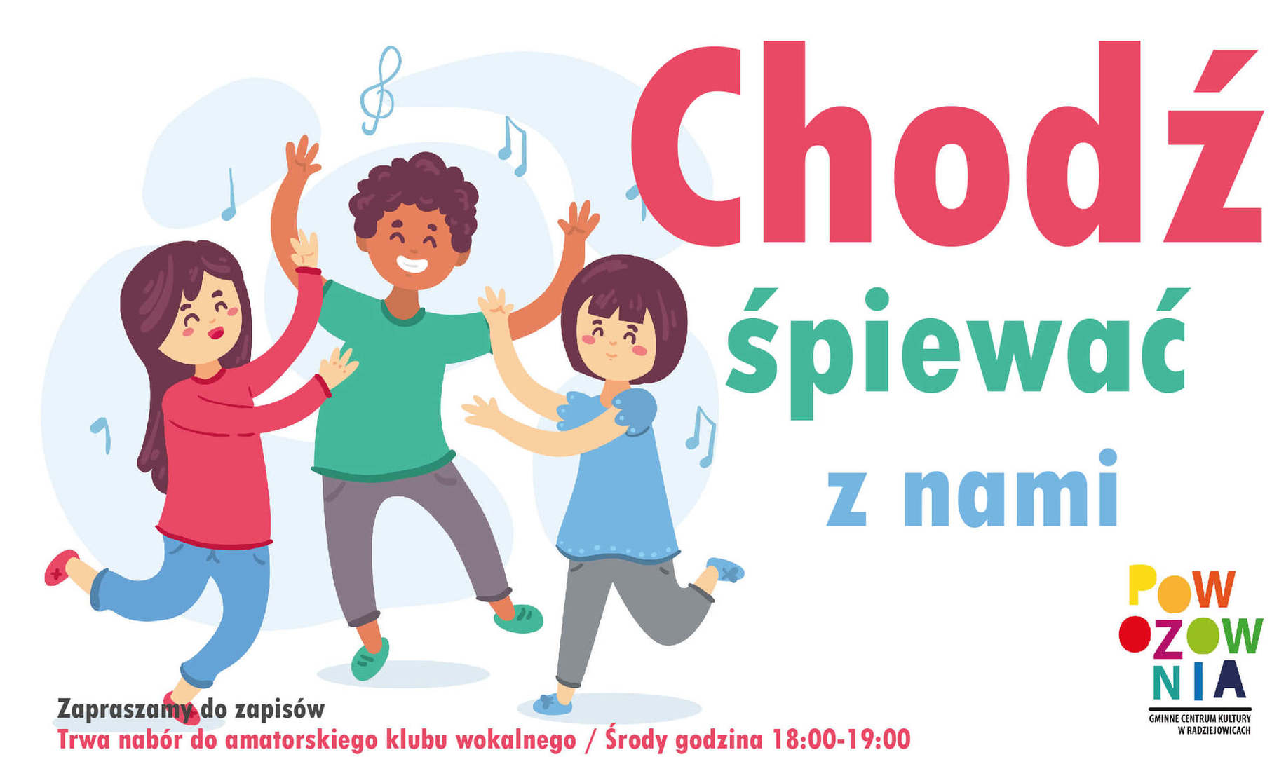 Plakat zawiera tańczące dzieci.