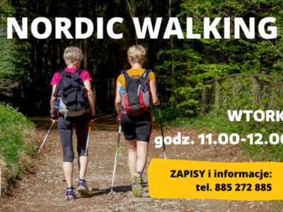 Plakat z postaciami dwóch kobiet z kijkami spacerującymi leśną ścieżką. Informacja o zajęciach we wtorki w godz. 11:00-12:00. Zapisy tel. 885 272 885