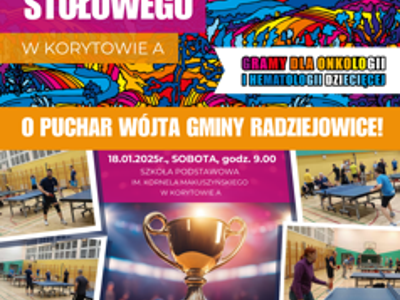 Plakat II Wośpowy Turniej tenisa stołowego, II WOŚPowy Turniej Tenisa Stołowego, Organizatorzy: Gmina Radziejowice, Sztab WOŚP  #6217 Radziejowice, Gminne Centrum Kultury Powozownia, Szkoła Podstawowa im. Kornela Makuszyńskiego w Korytowie A, SPONSORZY: cmpl, ekonip logistics, DMP Serwis, Bank Spółdzielczy we Mszczonowie, MaXX 10group, PARTENRZY: Bakoma, Bottari