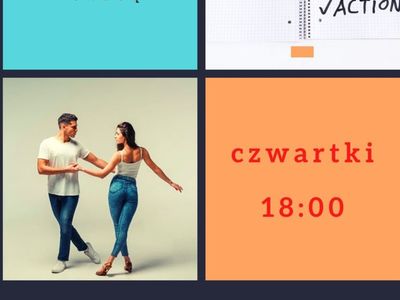 zdjęcie przedstawia tańczącą parę oraz wiadomość dotyczącą zmiany dnia zajęć z salsy