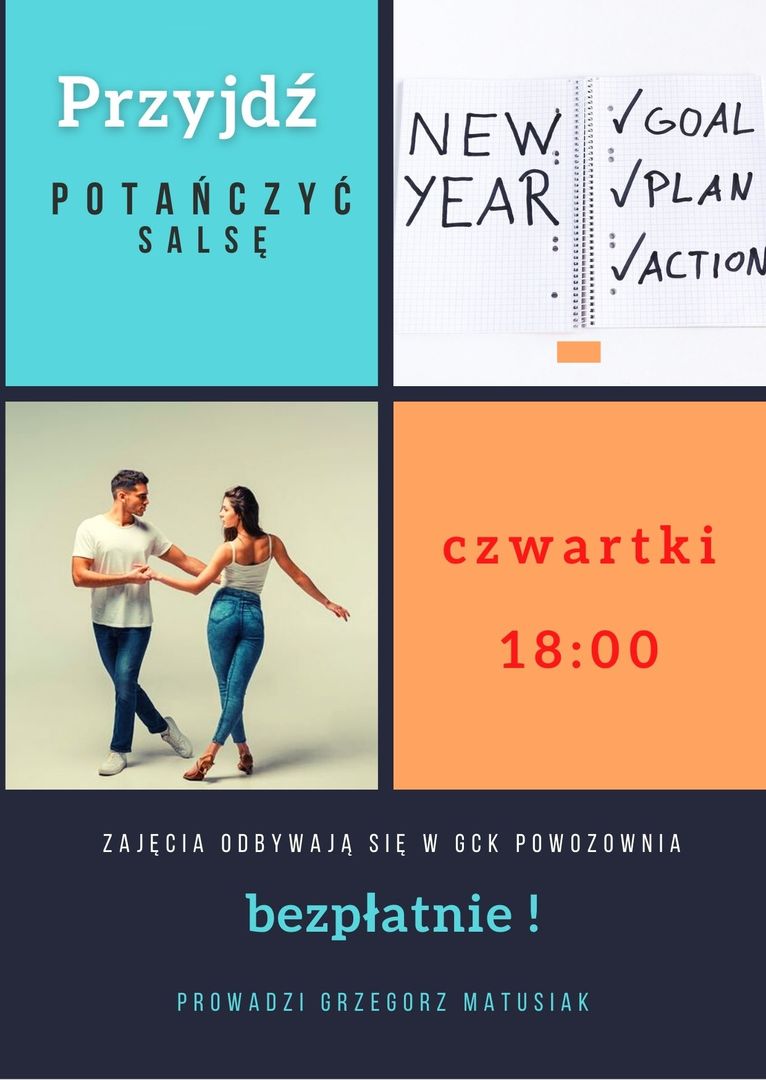 zdjęcie przedstawia tańczącą parę oraz wiadomość dotyczącą zmiany dnia zajęć z salsy