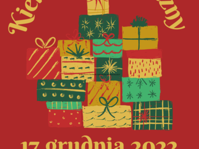 Czerwony plakat, na środku kolorowe prezenty. Na górze nad prezentami widnieje napis Kiermasz Świąteczny. Na dole 17 grudnia 2022, Gminne Centrum Kultury "POWOZOWNIA" w Radziejowice