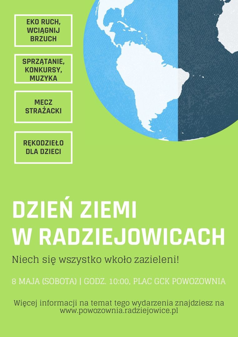 Plakat wydarzenia, kula ziemska z napisem dzień ziemi w radziejowicach