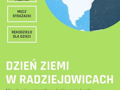 Plakat wydarzenia, kula ziemska z napisem dzień ziemi w radziejowicach
