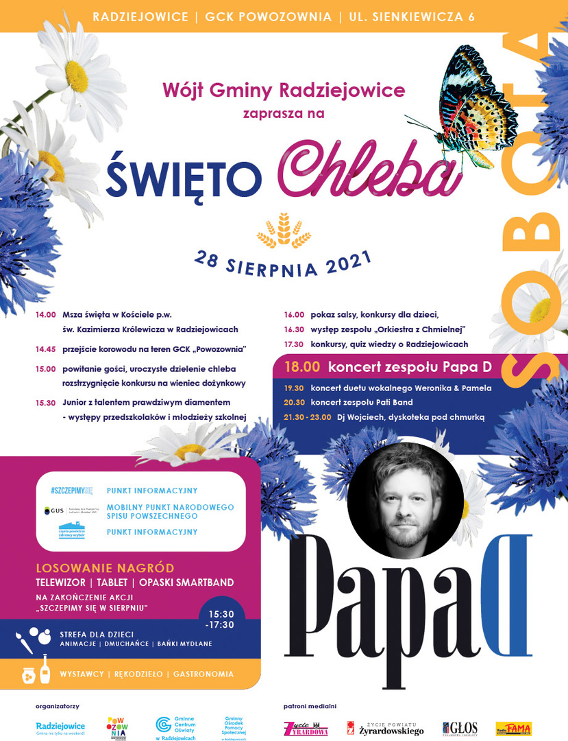 Plakat ze zdjęciem mężczyzny, kwiatami i tekstem Święto Chleba 28 sierpnia 2021