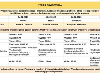 FERIE Z POWOZOWNIĄ - plan wyjazdu