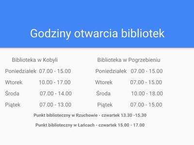 Tabela z godzinami otwarcia bibliotek w Pogrzebieniu i Kobyli