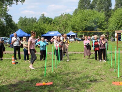 Na zdjęciu seniorzy podczas slalomu.