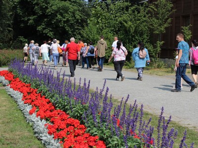 4)	Zdjęcie przedstawia grupę osób w różnym wieku spacerujących po parku zdrojowym. Po lewej stronie piękny klomb kwiatowy.