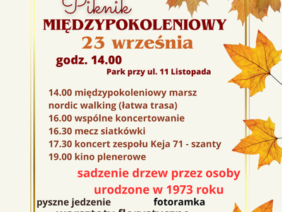 Plakat informujący o tym, że 23 września 2023 roku od godziny 14, w parku przy ulicy 11 listopada w Sompolnie odbędzie się Piknik Międzypokoleniowy