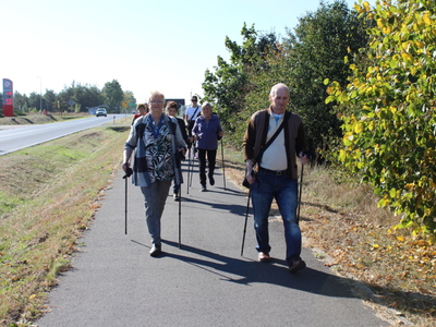Na zdjęciu grupa seniorów spacerująca ścieżką z Chlebowa do Wierzbinka.