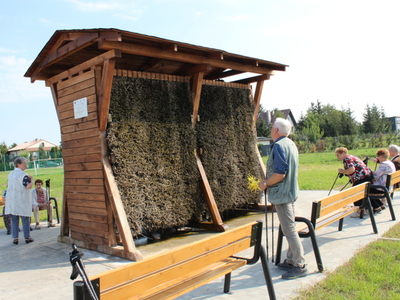 3. Na zdjęciu zobaczyć możemy tężnie solankową oraz seniorów korzystających z jej właściwości