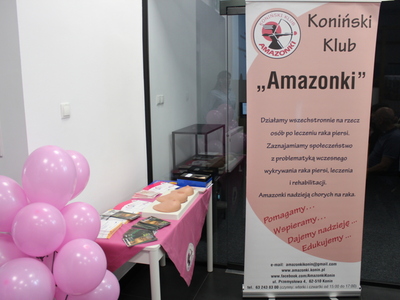 1. Zdjęcie przedstawia baner oraz ułożone na stoliku materiały edukacyjne przygotowane przez Koniński Klub „Amazonki” na potrzeby spotkania