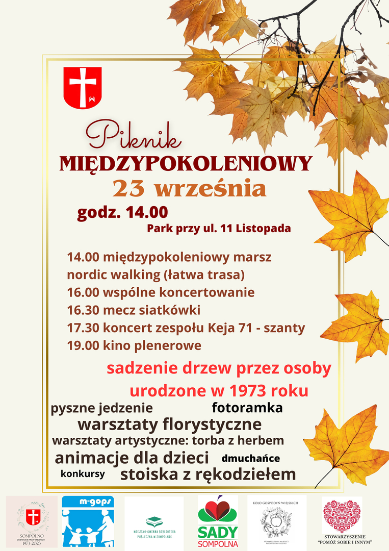 Plakat informujący o tym, że 23 września 2023 roku, od godziny 14, w parku przy ulicy 11 listopada w Sompolnie odbędzie się Piknik Międzypokoleniowy 