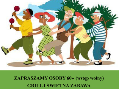 Plakat informujący o Majówce Seniorów, która odbędzie się 24 maja 2024 roku, o godzinie 14:00, w parku przy ulicy 11 Listopada w Sompolnie