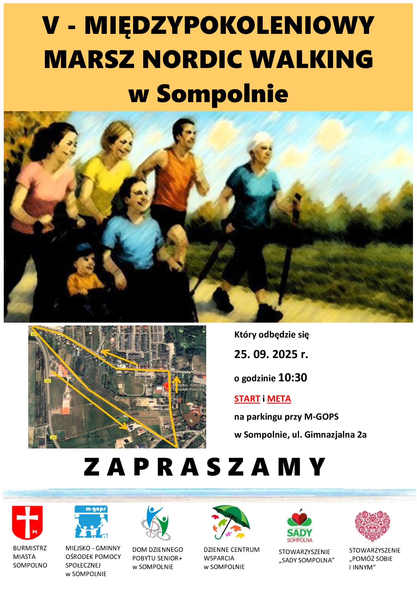Na zdjęciu znajduje się plakat dotyczący marszu nordic walking, który odbędzie się 25 września 2025r., o godzinie 10:30
