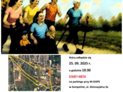 Na zdjęciu znajduje się plakat dotyczący marszu nordic walking, który odbędzie się 25 września 2025r., o godzinie 10:30