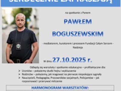Zdjęcie przedstawia plakat zapraszający na spotkanie z Panem Pawłem Boguszewskim, które odbędzie się dnia 27.10.2025r. w Dziennym Centrum Wsparcia w Sompolnie