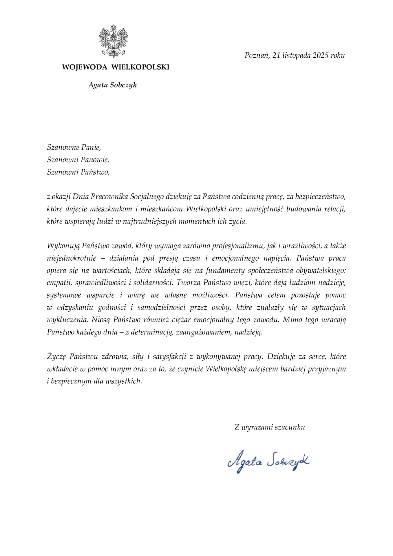 Zdjęcie przedstawia życzenia od Pani Agaty Sobczyk - Wojewody Wielkopolskiej
