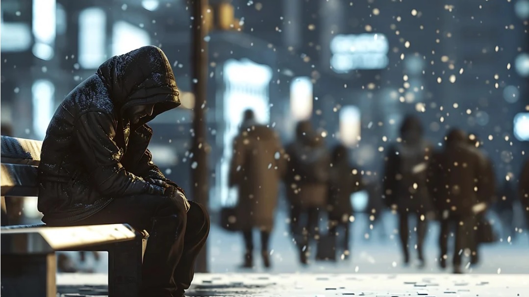 zdjęcie poglądowe, mężczyzna siedzący na ławce zimą